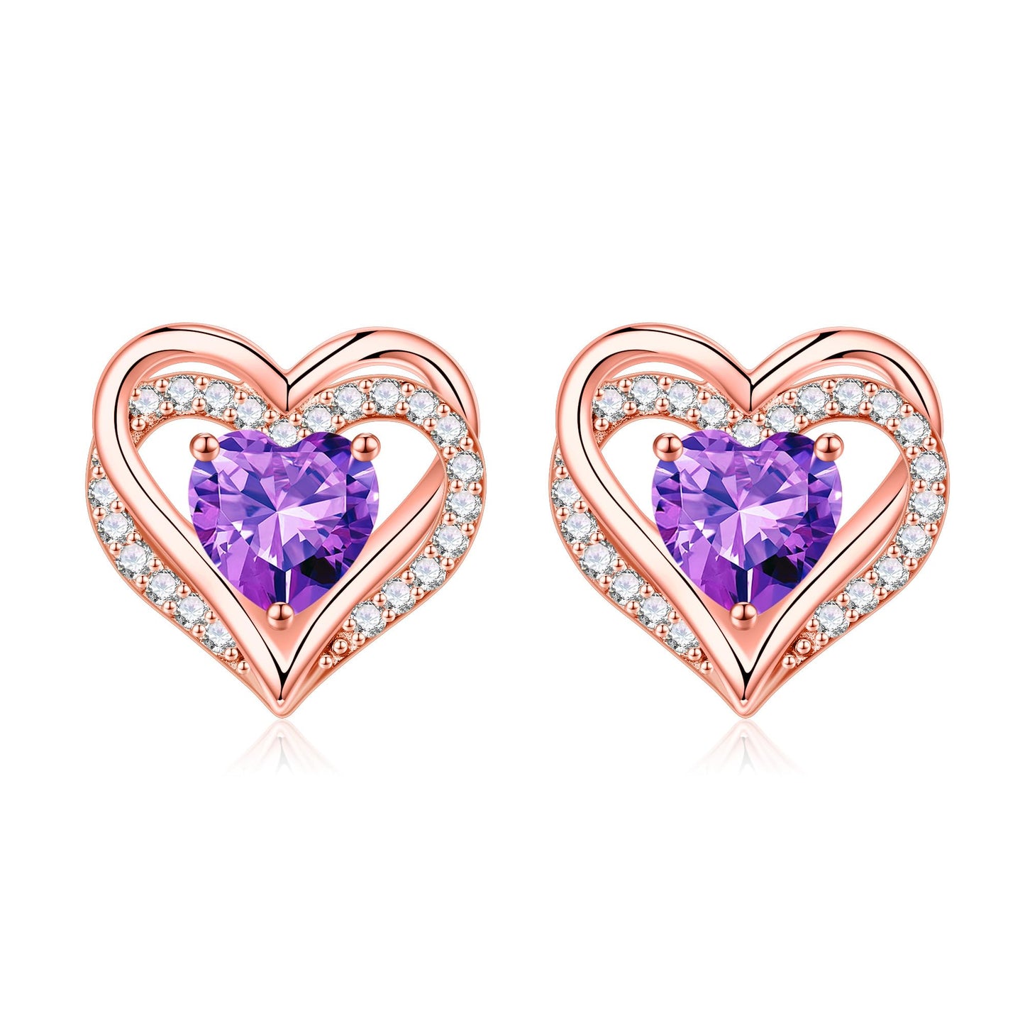 Iefil Earrings for Women, 925 Sterling Silver February Birthstone Purple Amethyst Heart Stud Rose-Gold-Plated Earrings for Women