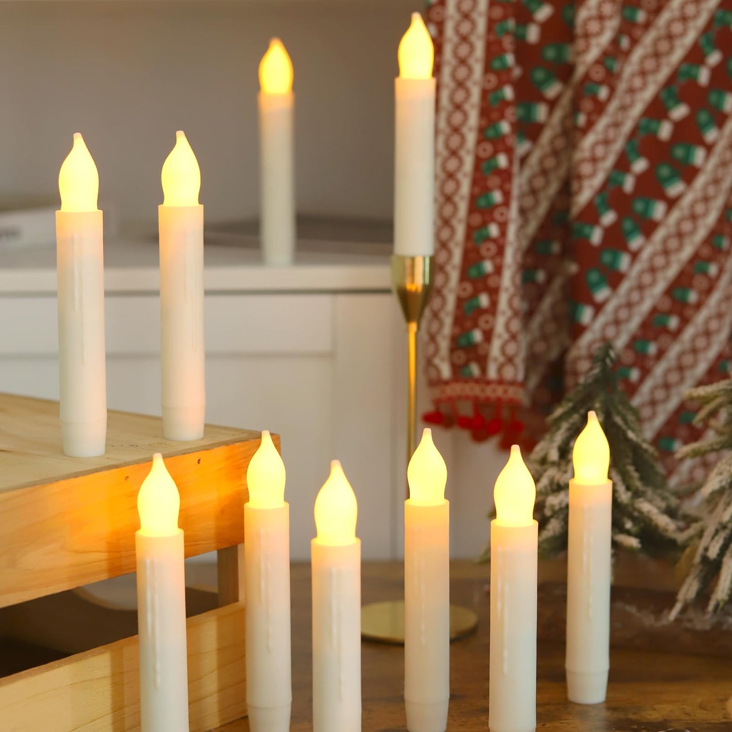 Lezonic Flameless Battery Operated Candlesticks Flickering, 24Pcs White LED Battery Christmas Window Candles, 6 Inch Short Taper Candles Hanging Halloween Floating by Touch, No Remote