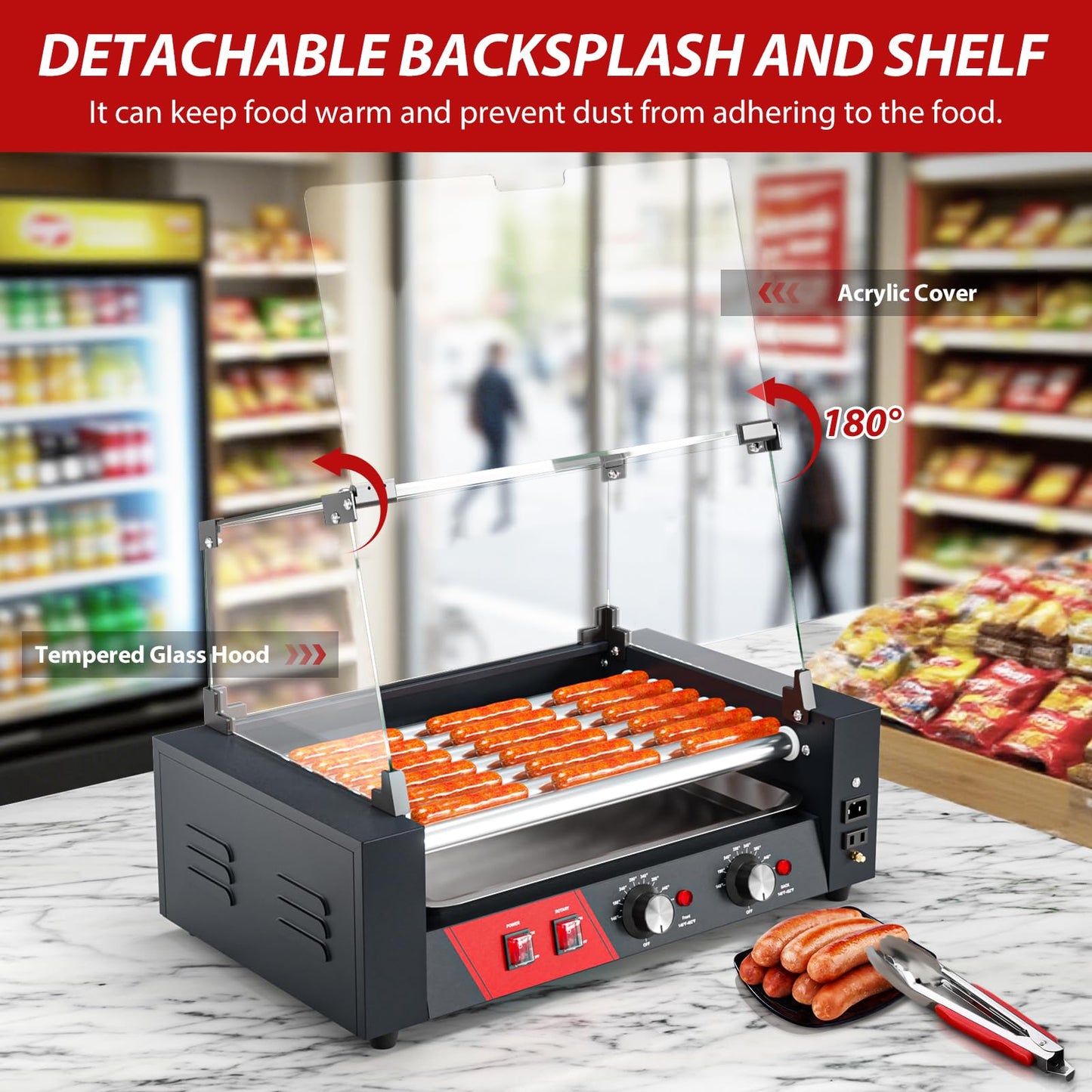 Baotree Commercial Hot Dog Rollers, 7 Rollers 18-24 Hot Dogs Capacity, 1000W Stainless Steel Hot Dog Griller with Dual Controls, Glass Cover, Removable Tray for Commercial and Party
