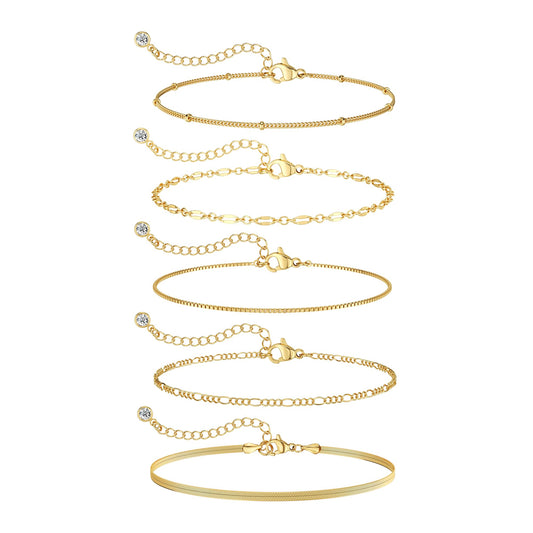14K Gold Plated Bracelet Set for Women, Dainty Layered Bracelet Stack Simple Tiny Satellite Figaro Snake Chain Box Bracelets Cute Thin Minimalist Fashion Jewelry Gifts for Women Trendy
