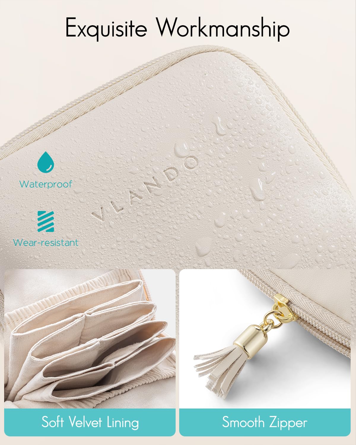 VLANDO Small Travel Jewelry Case,Mothers Day Gifts,Jewelry Pouch Bags with Zipper,Velvet Jewelry Organizer Storage Bag for Bracelet Rings Earring-Cream White