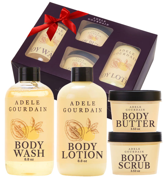 Adelegourdain Self Care Kit Woman - 4pcs Citrus Scent - Bath and Body Care Gift Basket for Women - Personal Care Spa Care Package with Body Wash, Lotion, Scrub & Butter, Birthday Gifts for Her