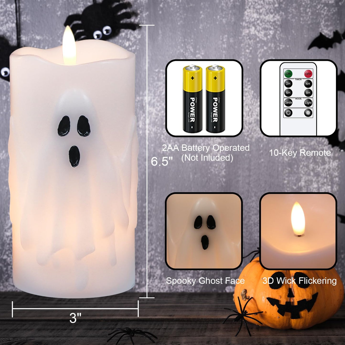 Eldnacele Spooky Ghost Halloween Flameless Candles Battery Operated with Remote & Timer Set of 2 LED Flickering Pillar Candles White Real Wax 3D Wick Long Lasting Home Indoor Decor (3" D x 6.5"" H)"