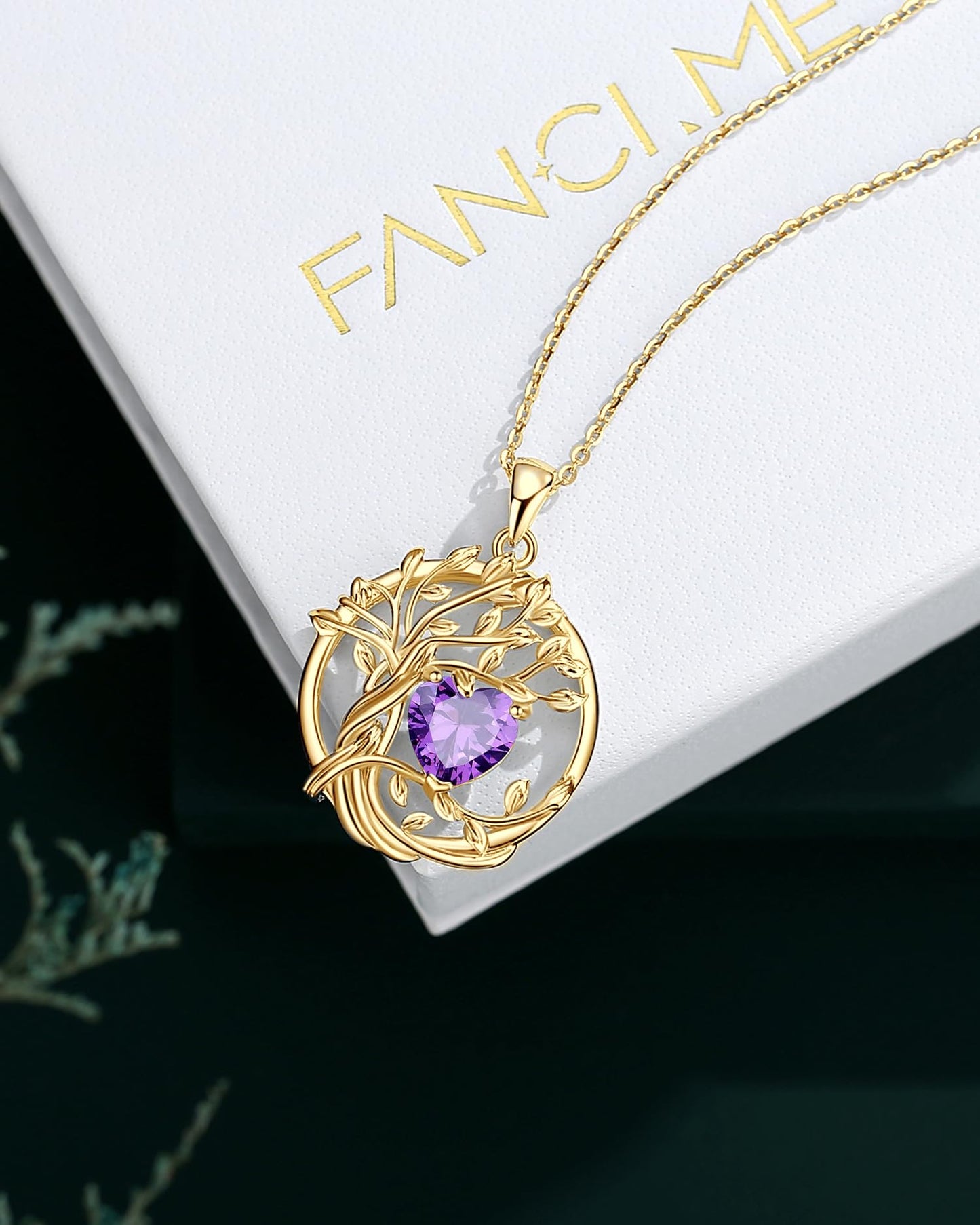 FANCIME Tree of life Birthstone necklace Sterling Silver Yellow Gold Plated Amethyst Pendant February Birthstone Purple Gemstone Jewelry Birthday Mothers Day Gifts for Wife Women Her