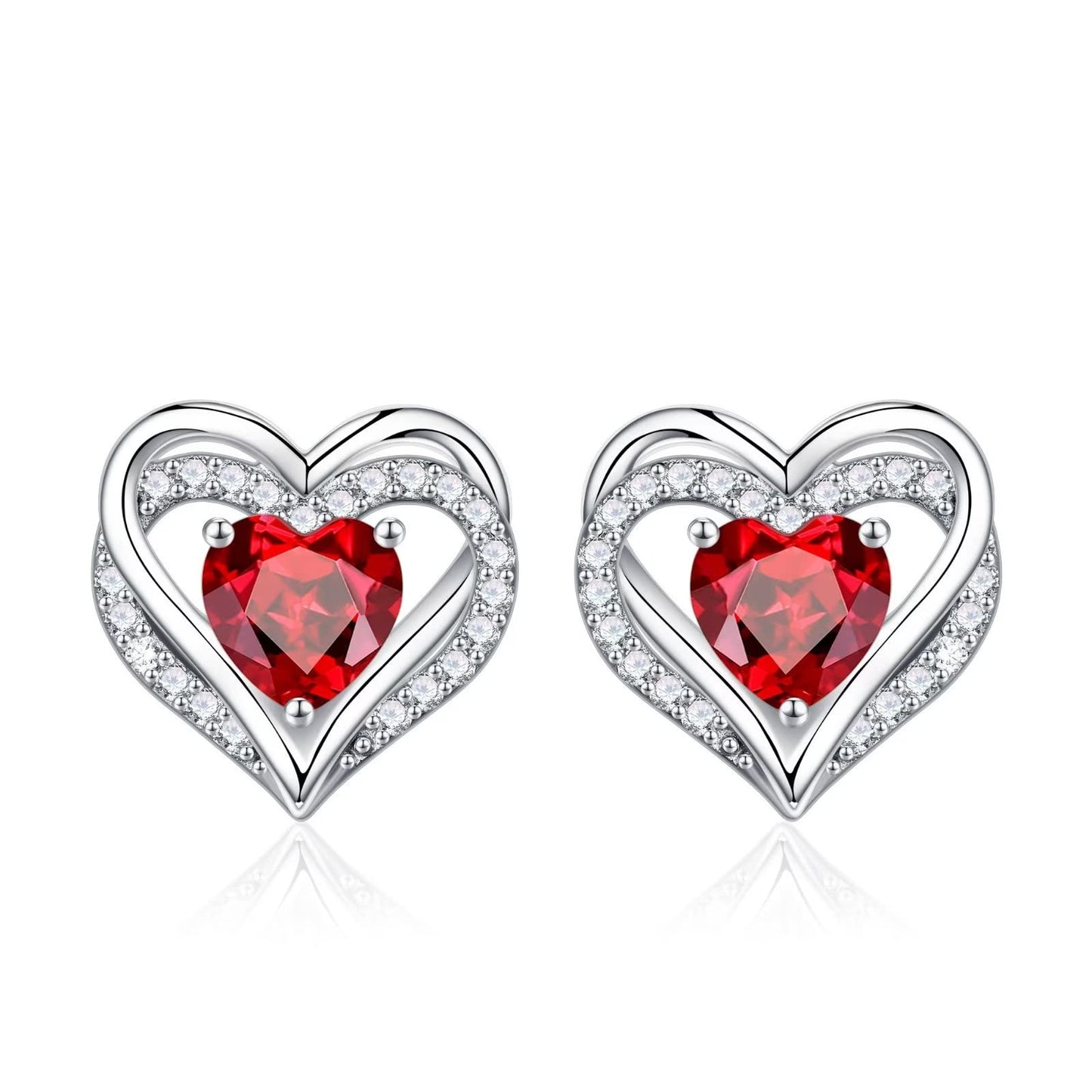 Iefil Birthstone Earrings for Women - 925 Sterling Silver January Birthstone Red Garnet Heart Stud Earrings for Women