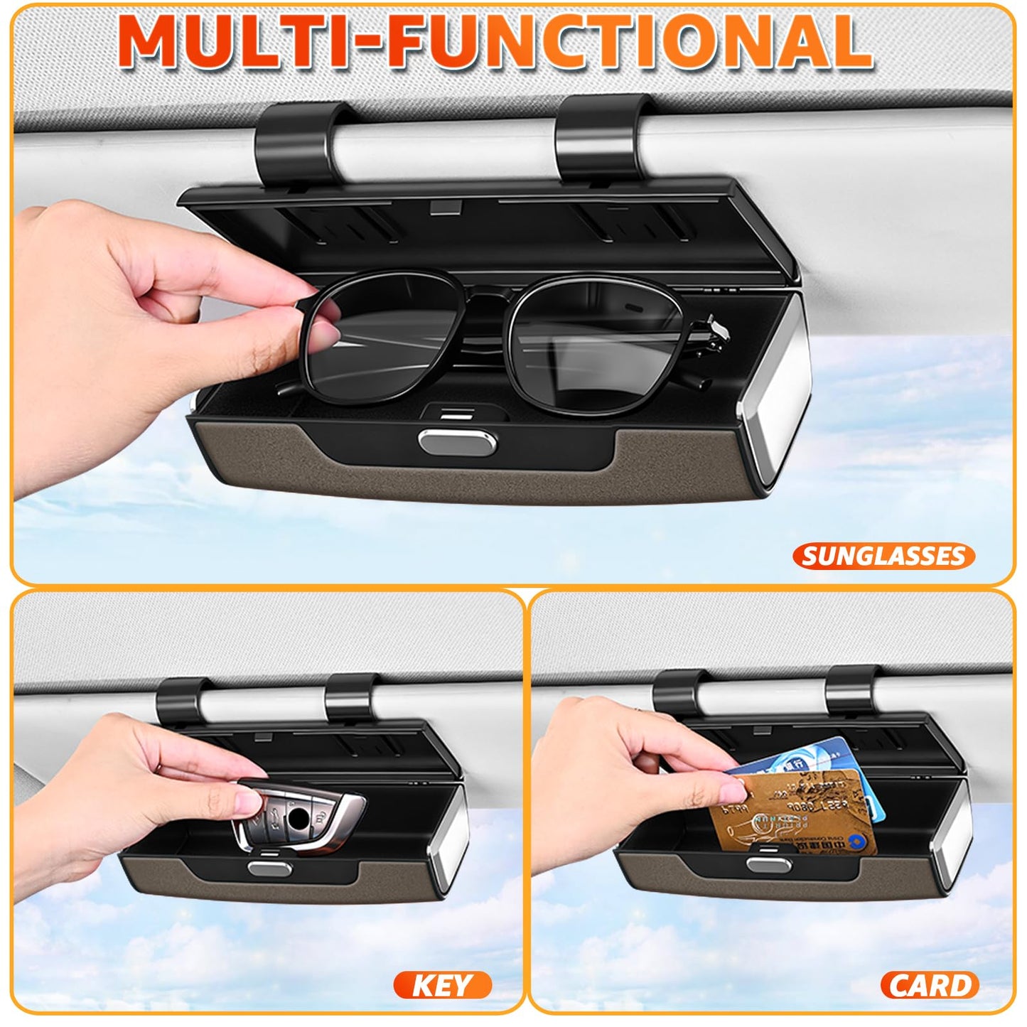 HOLDCY Car Sunglasses Holder for Sun Visor, Button Leather Eyeglass Hanger and Interior Storage Box, One‑Hand Access, Universal Fit Car Glasses Case Organizer for Car/Truck/SUV Drivers (Brown)