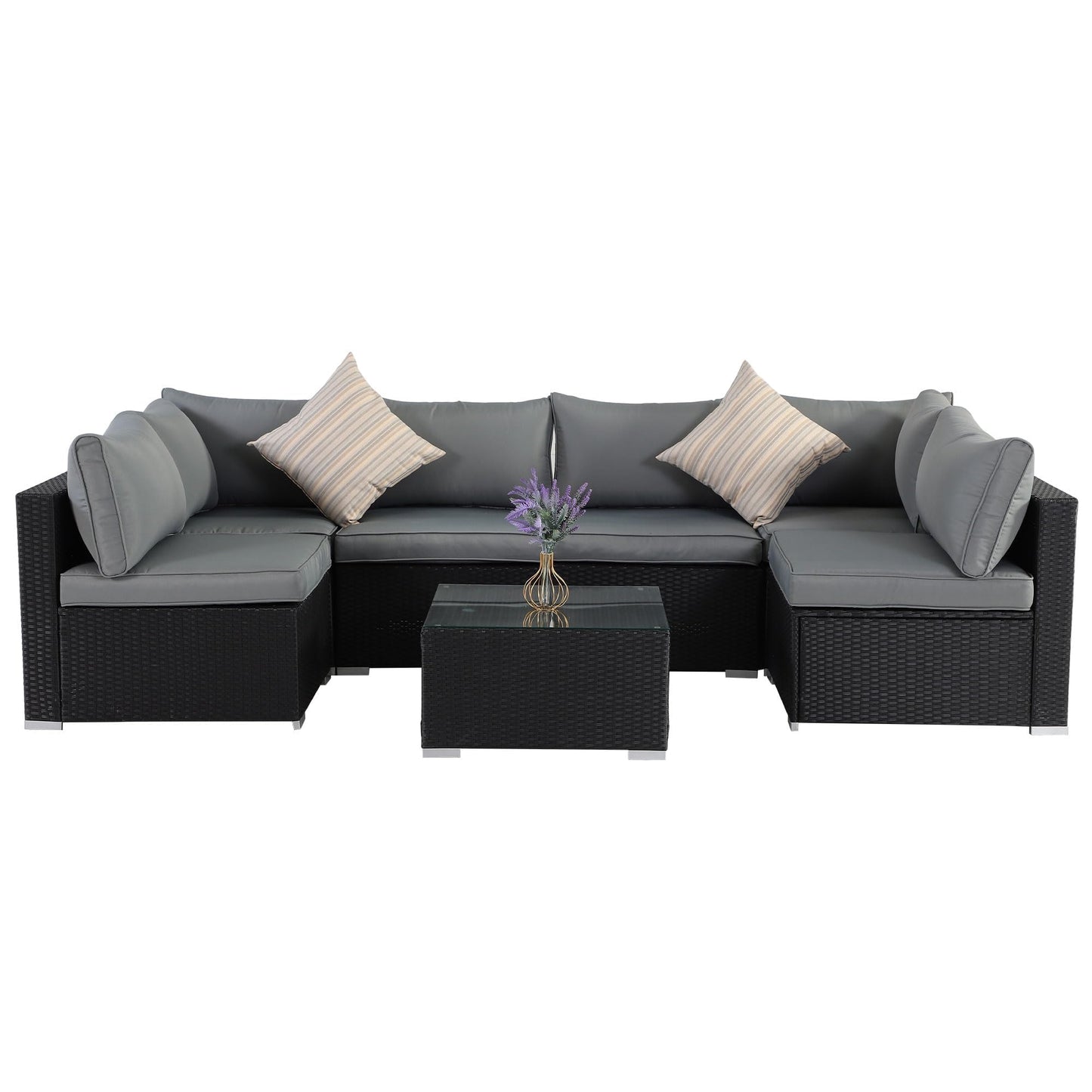 ZJEYEJZ 7 Pieces Patio Furniture Set - All-Weather Outdoor Wicker Sectional Conversation Sofa, Rattan Patio Seating Sofa Set with Cushion and Glass Table for Porch Poolside, Black/Grey