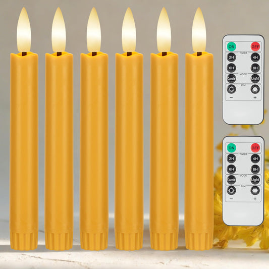 AFINETH Yellow Flameless Taper Candles with Remote, 6.4" Battery Operated LED Candles, Flickering Flameless Candlesticks for Table Centerpieces, Wedding, Farmhouse, Dinner Decor, Set of 6