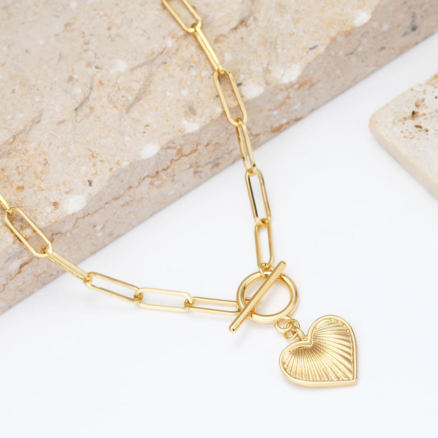BONJOULRY Heart Necklaces for Women 14K Gold Plated Vintage Retro Chunky Paperclip Link Chain Pendant Choker Necklaces Trendy Jewelry Valentine's Day Gift