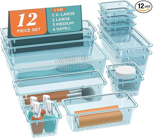 12-Piece Drawer Organizer Set, 4 Sizes Versatile Plastic Vanity Organizer for Makeup, Stationery, Gadgets, in Kitchen, Bathroom, Office, and Bedroom, Sea Blue