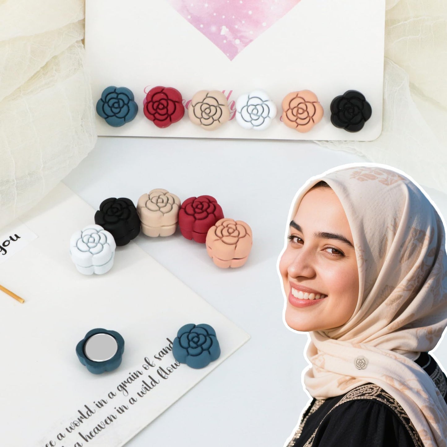 12 Pairs Hijab Magnets Strong Hijab Pins for Women Pinless Magnetic Clothing Clips for Scarf Veil Shirts Dress Muslim Islamic Gifts for Women - Rose