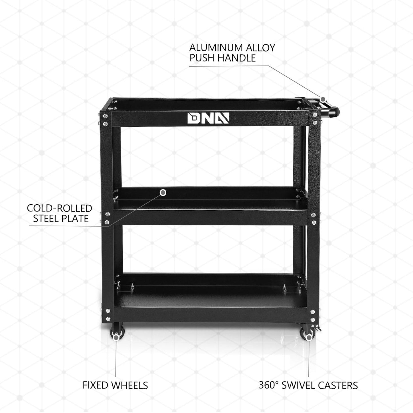 DNA MOTORING 3 Tier Rolling Tool Cart, Heavy Duty Rolling Service Tool Cart with 3 Tires, Metal Service Cart for Warehouse, Garage, Office, Workshop, TOOLS-00796-BK