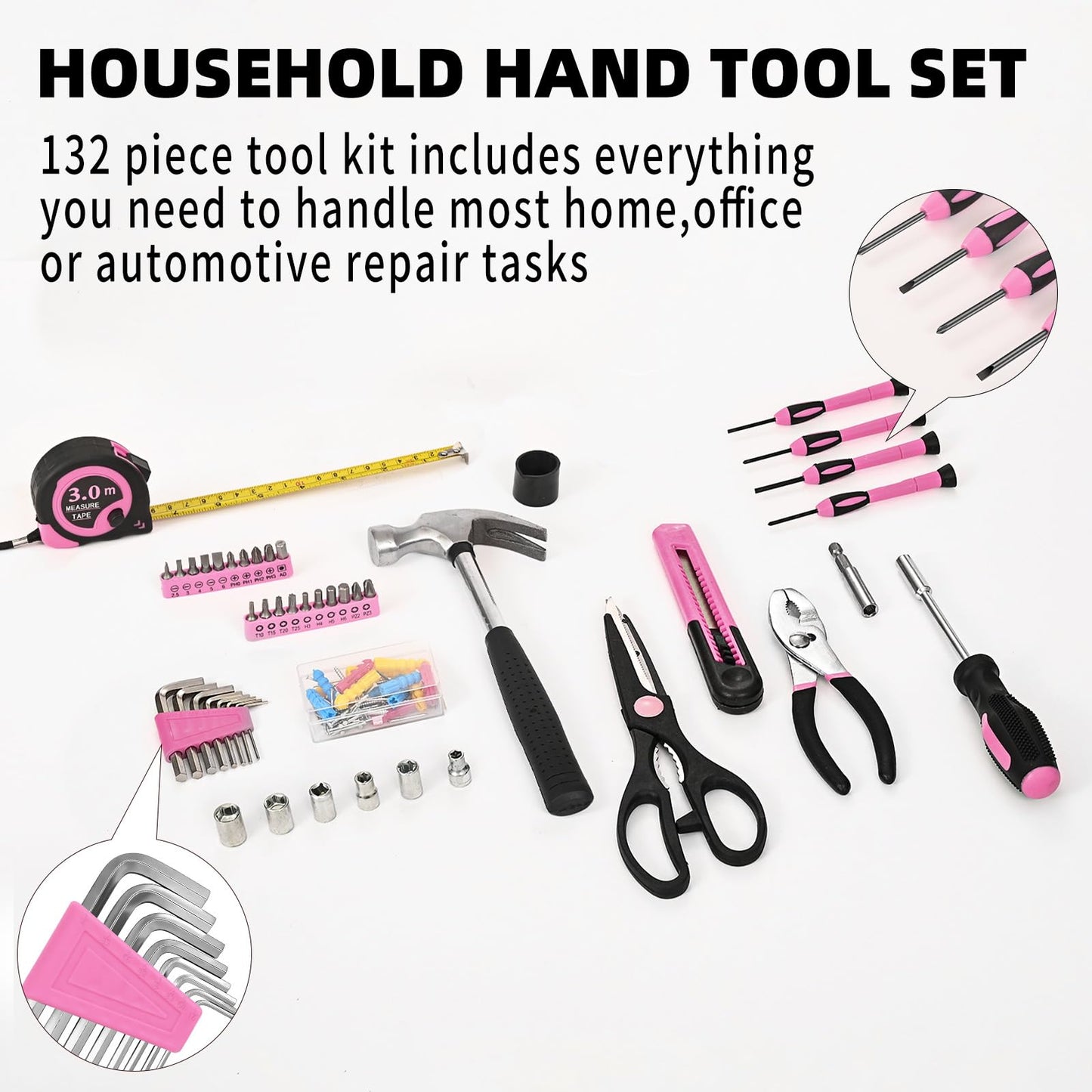 132 Piece Pink Tool Set, Womens Tool Kit for House, All Purpose Tool Kit for Home & Women, Small Home Repair Tool Set with Plastic Storage Toolbox for Garage, Office, College Dormitory, DIY Projects