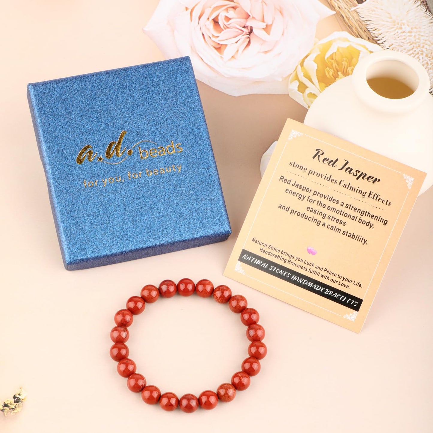 AD Beads 8mm Handmade Red Jasper Elastic Bracelet – Natural Gemstone for Stone provides Calming Effects – Meditation, Yoga, Healing and Energy Gift for Men Women