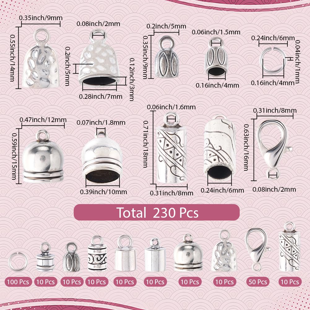 SUNNYCLUE 1 Box 230pcs Tassel Cord End Caps Kumihimo Cord Ends Antique Silver Tibetan Crimp Glue in Barrel Leather Thread End Terminator Tips with Lobster Clasp for Jewelry Making Kits Bracelets DIY