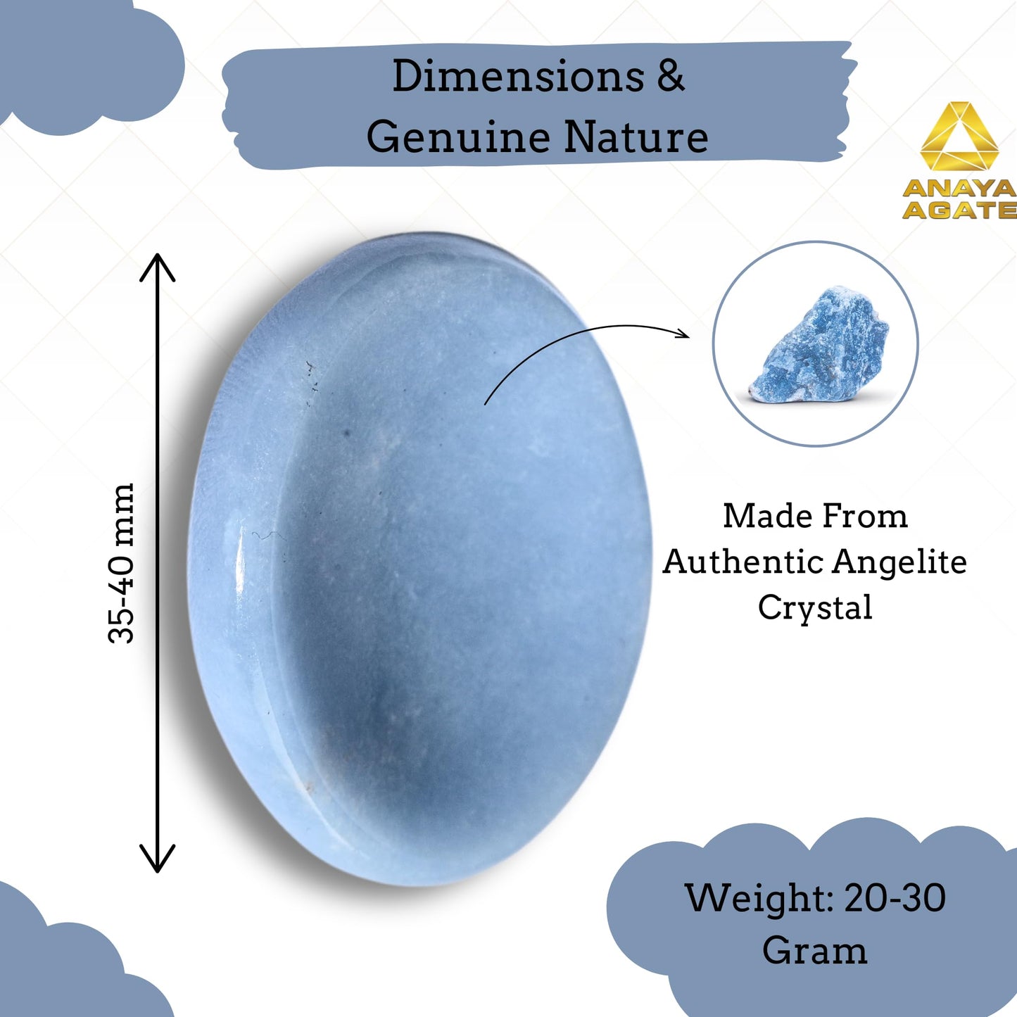 Anaya Agate Angelite Worry Stones Certified Crystal Thumb Worry Stone for Anguish, Relaxing and Soothing Balance Stones for Meditation, Stress Relief Crystals and Healing Stones for Men, Women