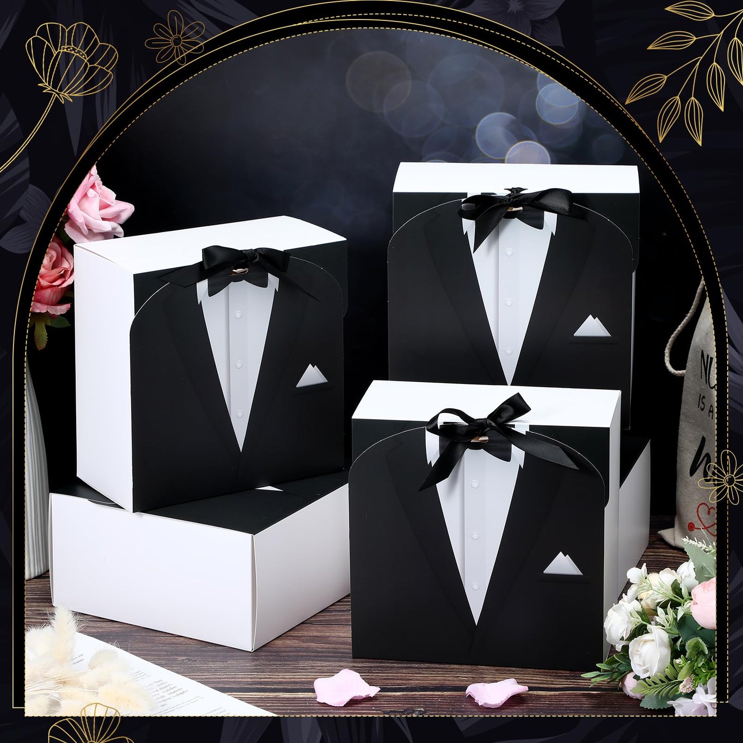Motipuns Set of 6 Groomsmen Box with Ribbon Groomsman Proposal Gift for Men Paper Gift Boxes for Wedding Birthday Graduation Father's Day, 7.87 x 7.87 x 3.94''(Black)