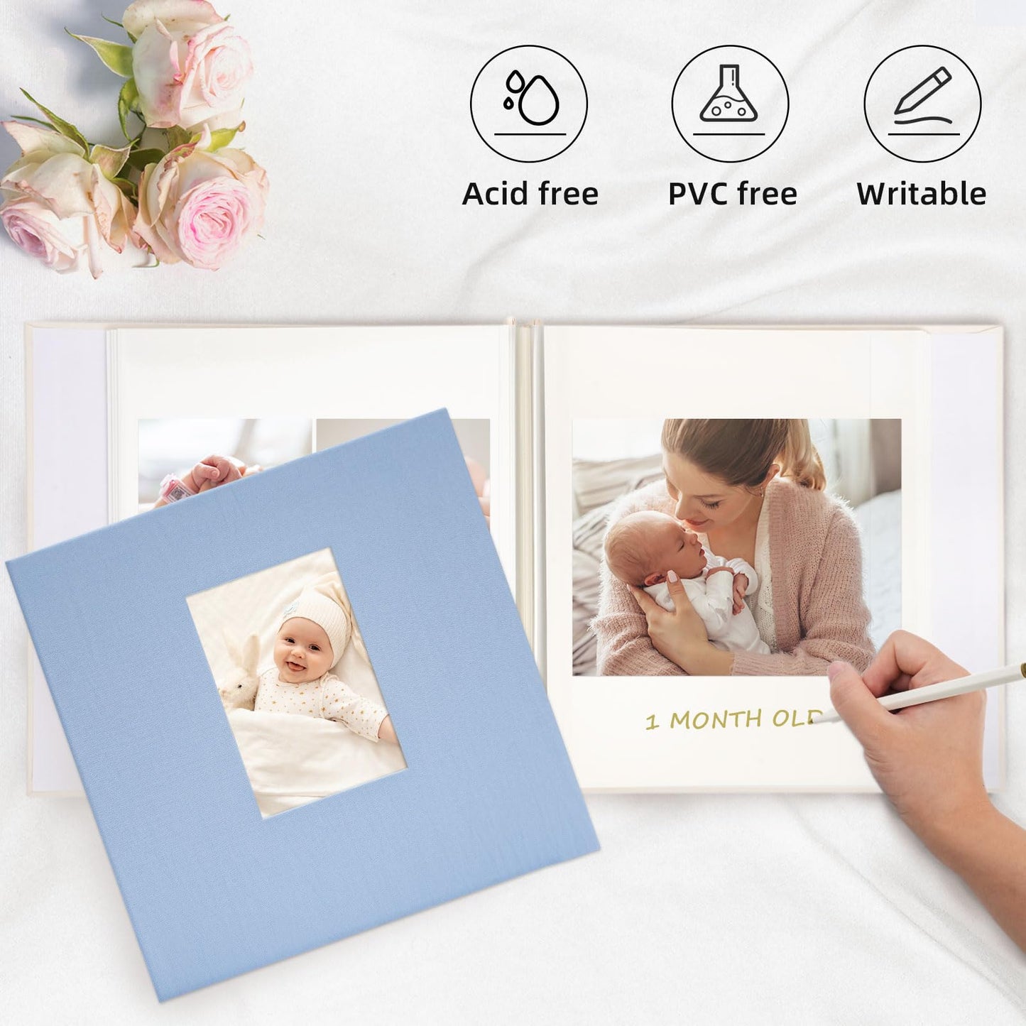 Vienrose Self Adhesive Photo Album Gift Set, Linen Cover Scrapbook with DIY Window, Holds 4x6 5x7 8x10 Photos, 30 Sheets 60 Pages for Family Wedding Baby, Includes Pen, Card, Lace Strap, Blue