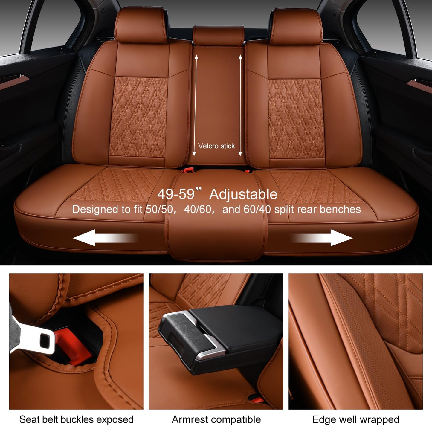 TINRAIYANG Car Seat Covers Full Set, Breathable Leather Automotive Front and Rear Seat Covers & Headrest, Universal Automotive Vehicle Seat Cover for Most Sedan SUV Pick-up Trucks, Brown