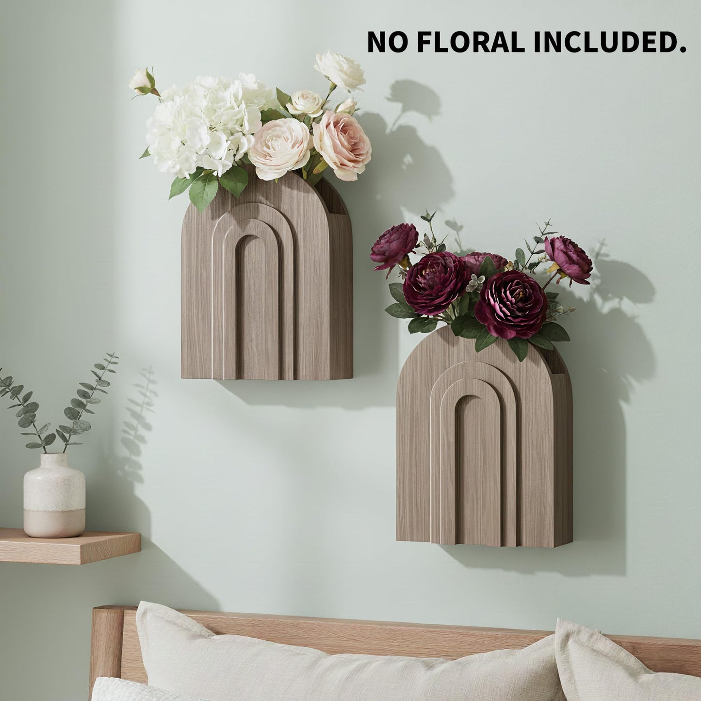 2 Pack Wood Wall Vase Natural for Pampas Grass & Dried Flowers, Rustic Farmhouse Decor for Bathroom Living Room Bedroom, Wooden Wall Planter