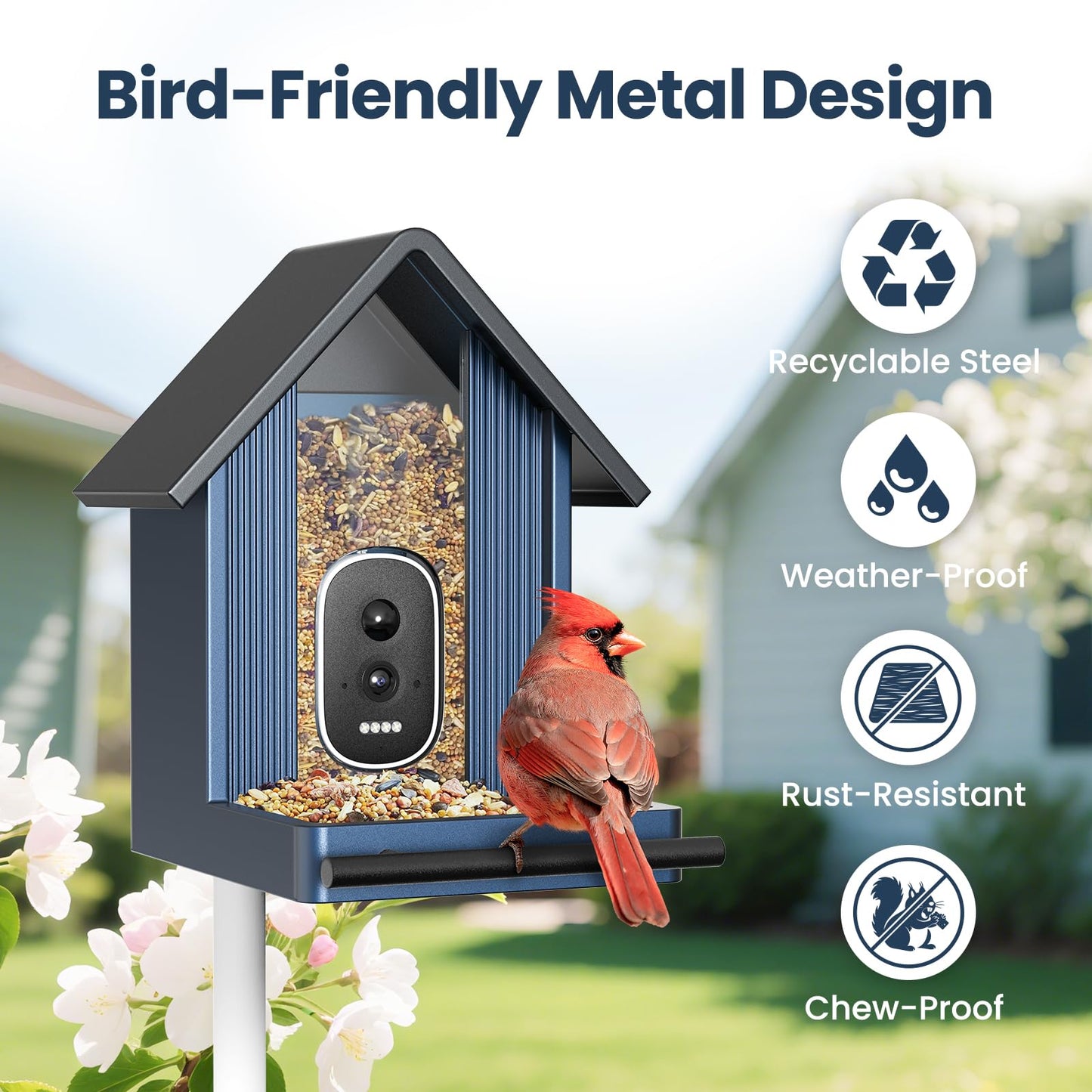 Smart Metal Bird Feeder with Camera, 2.5K UHD AI Identification, Wireless Solar Powered Outdoor for Garden Birding, Real-time Videos& Pictures, Premium Present