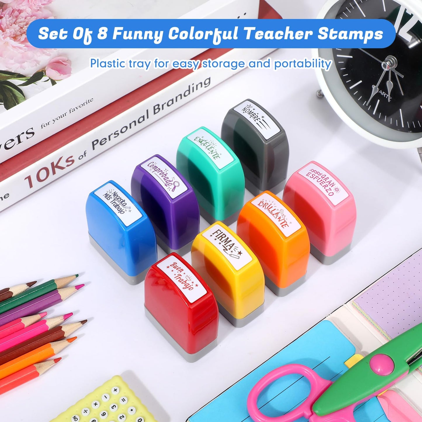 Chivertion 8 Pcs Spanish Teacher Stamps for Classroom Self Inking Grading Stamps Gifts Motivation Teacher Stamp for School Elementary Kid Signature Homework Reward Supplies