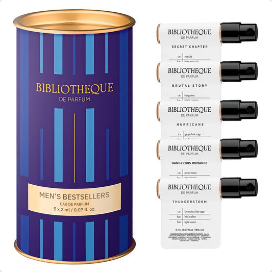 Bibliotheque de Parfum Men’s Bestsellers Discovery Set - Mens Cologne Sampler Sets - Eau de Parfum Spray - 5 Long Lasting Mini Perfumes from Woody-Chypre to Fresh-Citrus Fragrances (5 x 2 mL)