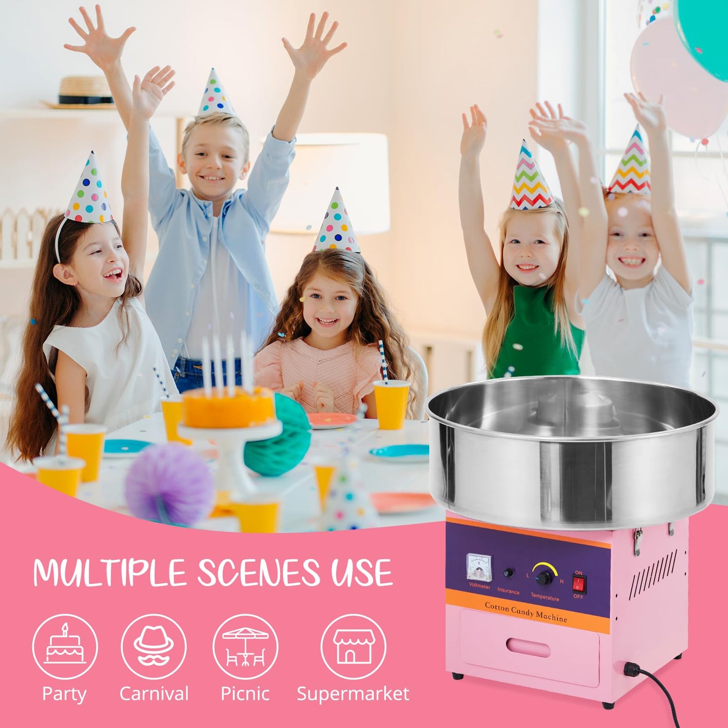 GAOMON Cotton Candy Machine Commercial, 1000W Electric Cotton Candy Machine, Cotton Candy Maker with Stainless Steel Bowl, Sugar Scoop, Storage Drawer, Perfect for Family Party, Kids Birthday, Pink
