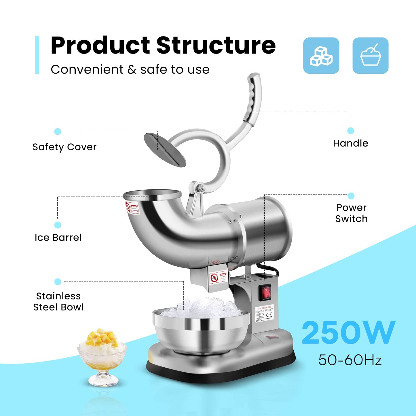 VIVOHOME Electric Dual Blades Ice Crusher Shaver Snow Cone Maker Machine Silver 440lbs/hr for Home and Commercial Use