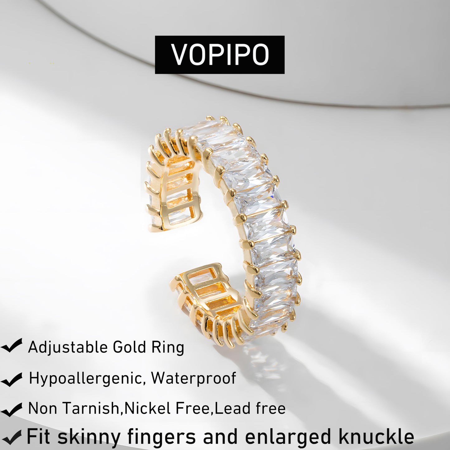 VOPIPO Dainty Baguette Cut Cubic Zirconia Open Finger Rings for Women 18K Gold Plated Adjustable Rings Trend CZ Gold Rings Personalized Minimalist Stacking Rings Jewelry Gifts
