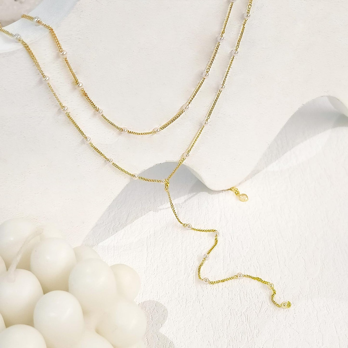 Zeffy Dainty Long Gold Necklaces for Women Trendy Pearl Lariat Y Necklace 14k Gold Plated Layered Beaded Drop Necklaces Simple Handmade Bar Pearl Pendant Y-Shaped Chain Jewelry Gift Wedding