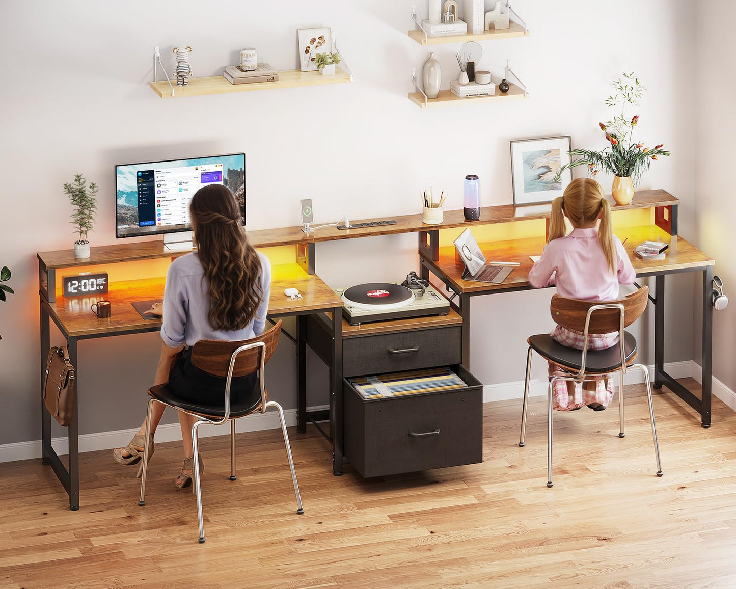 Casaottima 98" 2 Person Computer Desk with Fabric Drawer & File Cabinet, Two Person Long Writing Home Office Desk with Power Outlet & LED Light & Monitor Stand, Storage Shelves, Vintage