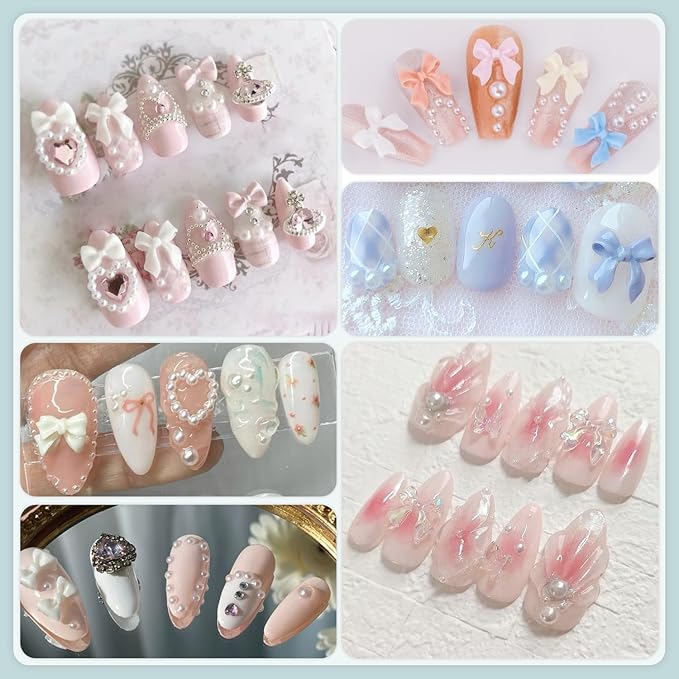 600 Pcs 3D Nail Charms and Flatback Pearls #9, 3 Colors Bow + Pink&White Star Heart Cute Charms + 2-6mm White Pearls for Nail Art Design with Nail Charm Glue(UV Needed) and Pickup Tools