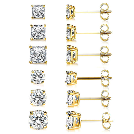 14K Gold Plated Round Princess Cut Clear Cubic Zirconia Hypoallergenic Stud Earring Set for Men Women 6 Pairs