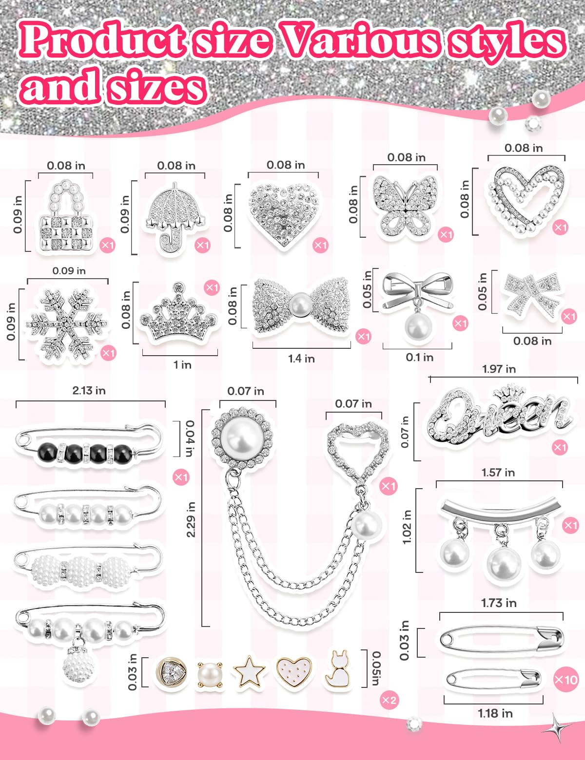 RQAYE Silver Shoe Charms for Sneakers, Junk Socks Charms Kit, Brooches and Pins for Women, Pearl and Rhinestone Sock Charm with Safety Pins,DIY Accessories for Decorating and Personalizing Socks