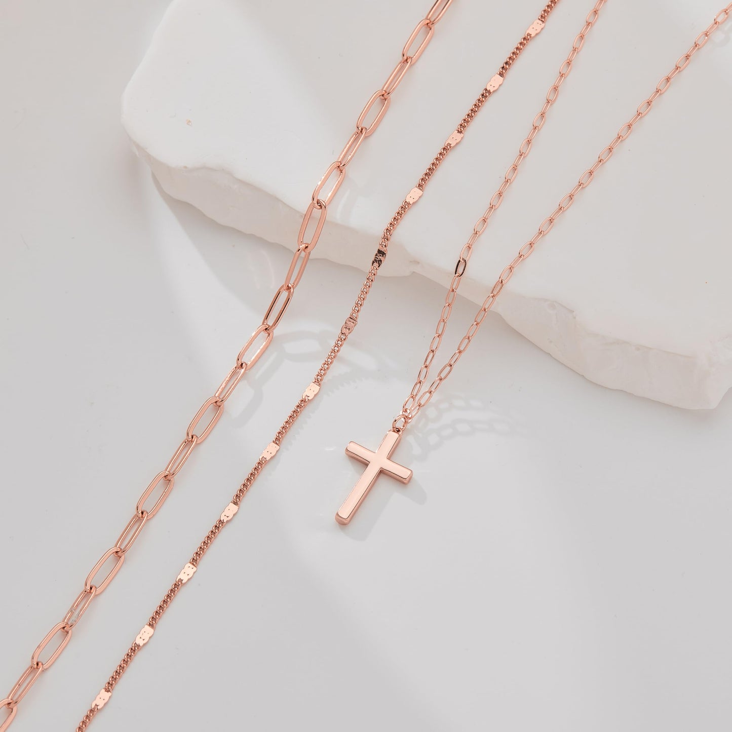 Rose Gold Layered Cross Necklaces for Women,Rose Gold Plated Dainty Stackable Choker Necklaces for Women,Trendy Layering Thin Cross Pendant Paperclip Chain Jewelry Set Gifts