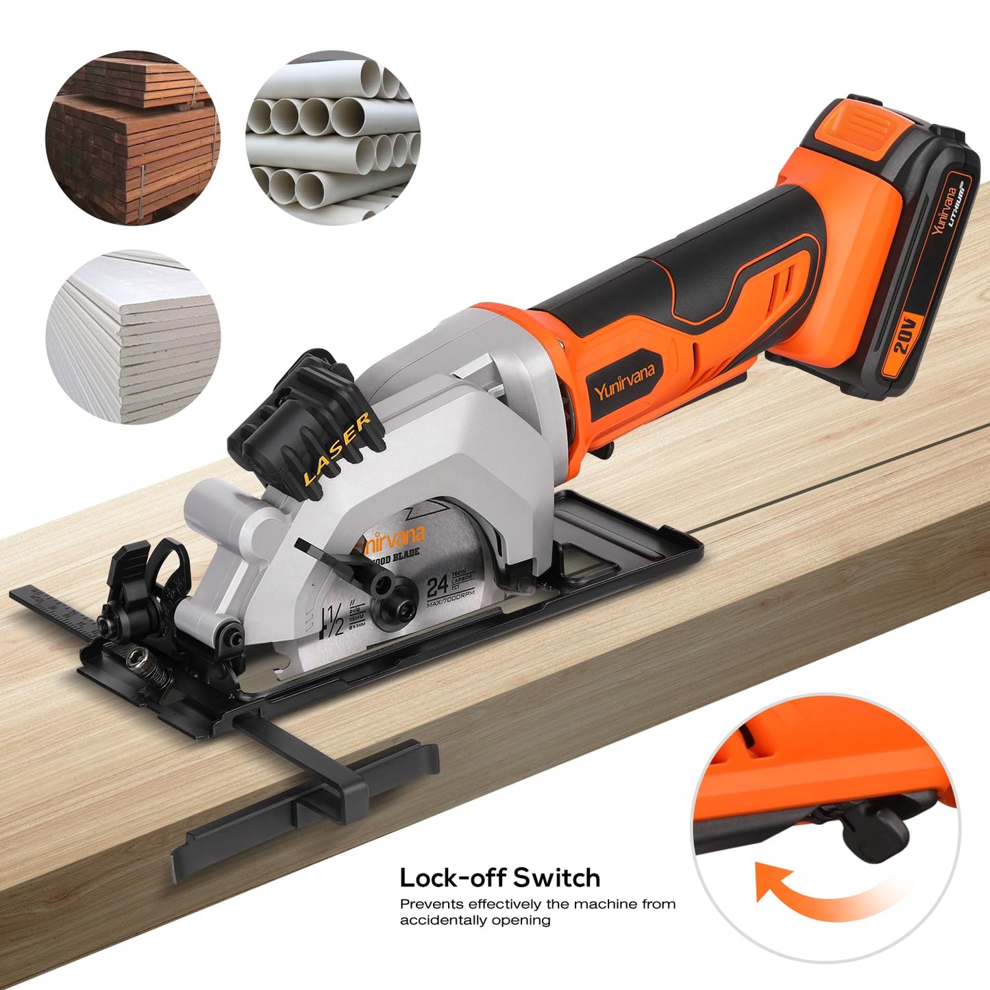 Yunirvana Mini Circular Saw, 20V 3400RPM Professional Cordless Circular Saw, Adjustable Angle and Depth,Max Cutting Depth 1-2/3"(90°), 1-1/8"(45°), Laser Guide, Rip Guide