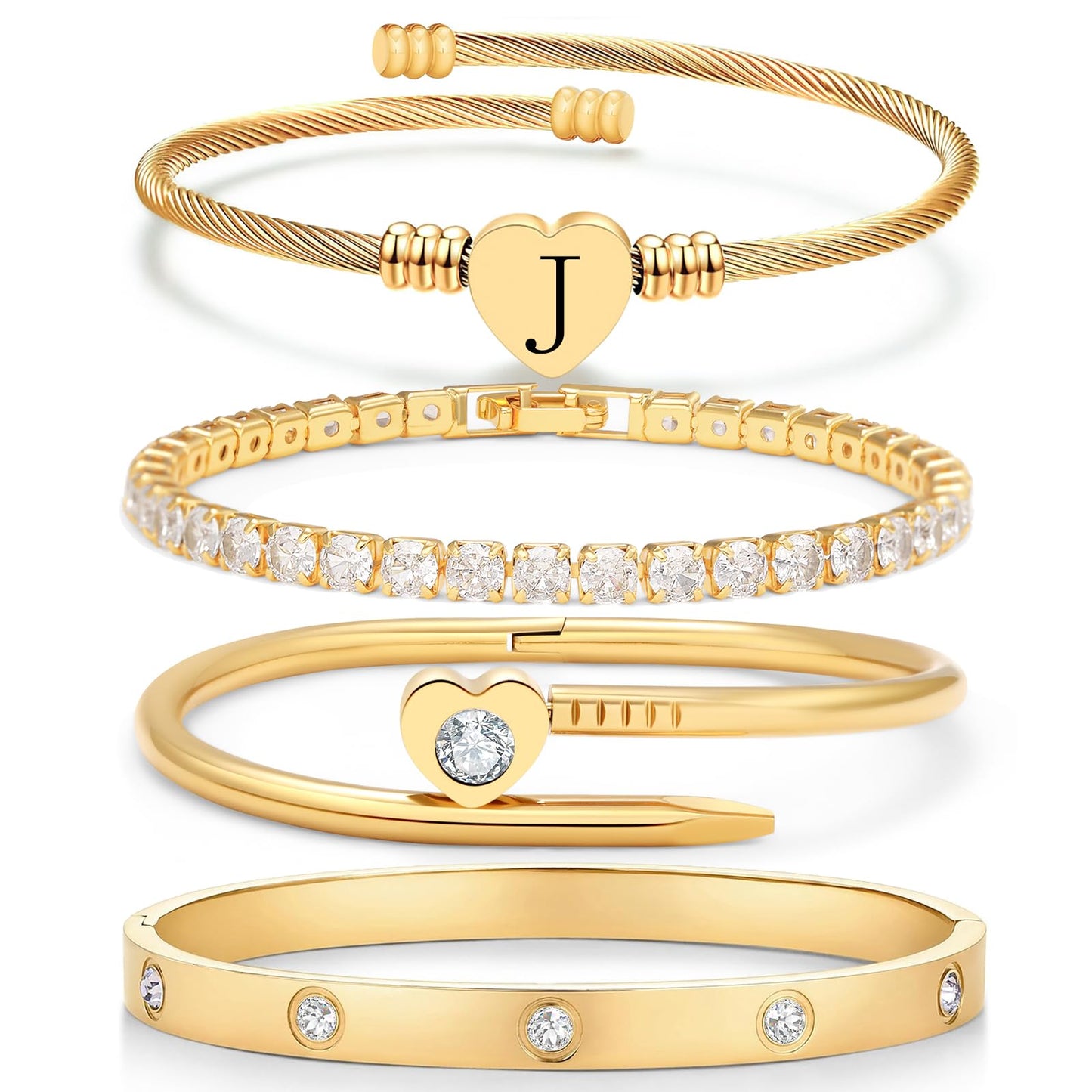MEIERYA18K Gold Plated Nail love Bangle Bracelet Set for Women,Cubic Zirconia,Adjustable tennis bracelet Trendy Gift Jewelry for Mother's Day Anniversary (08-Style-J)