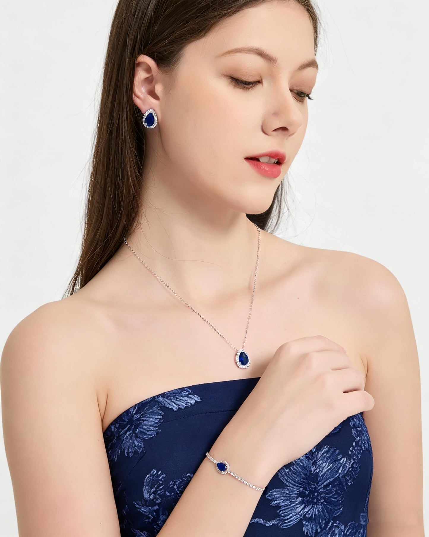 UDYLGOON Teardrop CZ Bridal Jewelry Set Imitation Diamond Earrings Necklace Bracelet for Bride Bridesmaids Wedding Prom Party (Drop-Royal Blue)