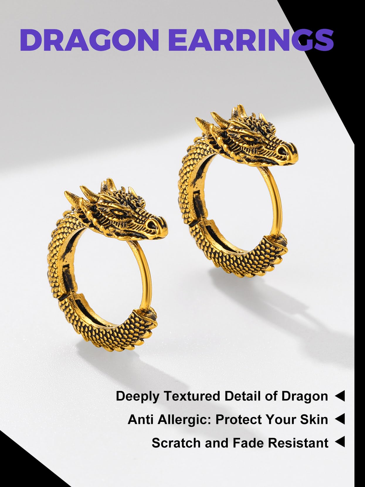 Richsteel Punk Dragon Hoop Earrings for Men & Women - Stainless Steel Gothic Jewelry, Huggie Statement Hoop Earrings