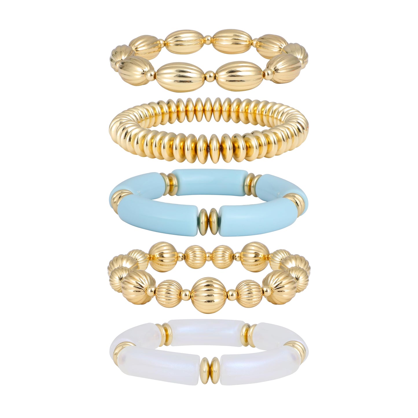 RISHEGAE Chunky Bangle Bracelets for Women Stackable Resin Bamboo Tube Bracelet Stretch Gold Beaded Bracelets Summer Beach Surfer Bracelets Gift Jewelry