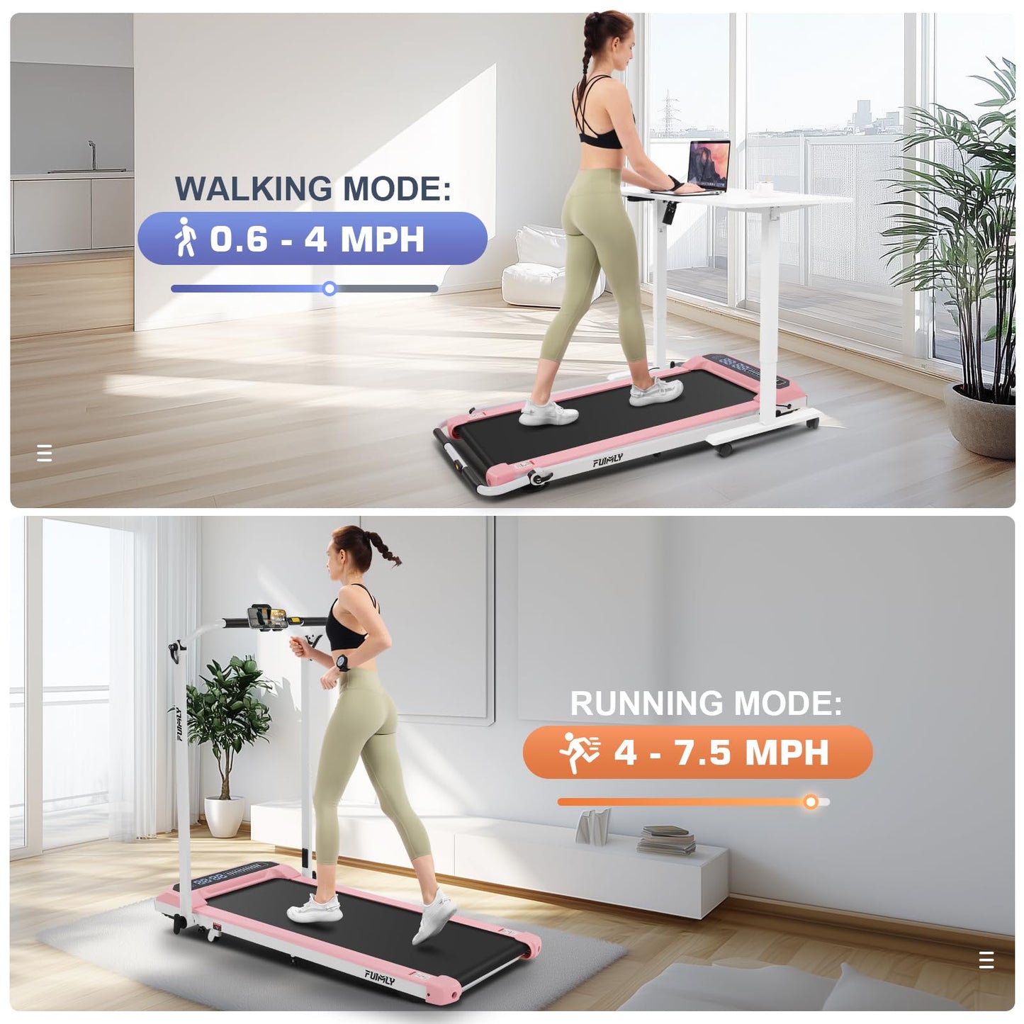 FUNMILY Walking Pad Treadmill with Incline and Handlebar Adjustable, Foldable Treadmills for Home Office, Folding Walking Pad Tread Mill 300 LBS Capacity, Remote Control, LED Screen with Progress Bar