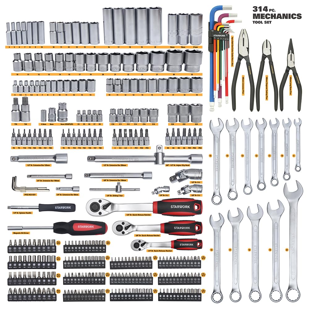 STARWORK TRUE MECHANIC™ 314-Piece Mechanics Tool Set and Socket Set, Professional Metric Set