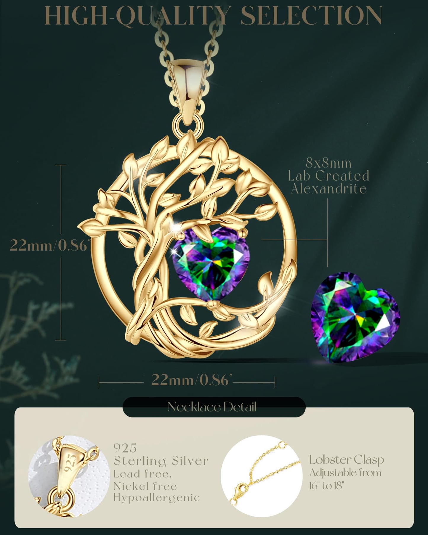 FANCIME Tree of life Birthstone necklace for women Sterling Silver Yellow Gold Plated Alexandrite Pendant June Birthstone Necklace Gemstone Birthday Mothers Day Gifts for Mom Wife Her