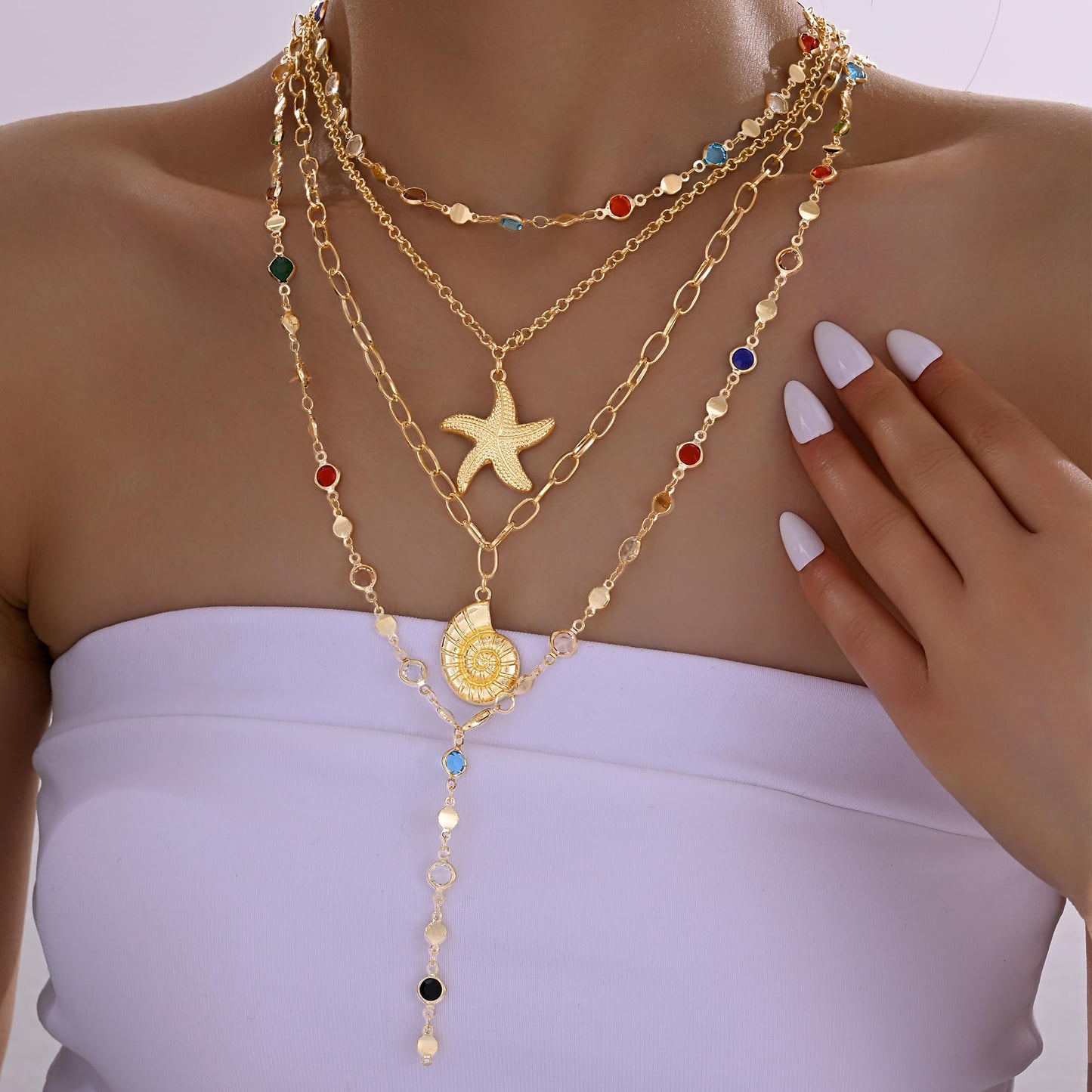 4PCS Layered Gold Cross Necklaces for Women Trendy, Bohemian Bead Pearl Y Long Pendant Necklace Set, Vintage Rosary Necklace Stack Adjustable Length