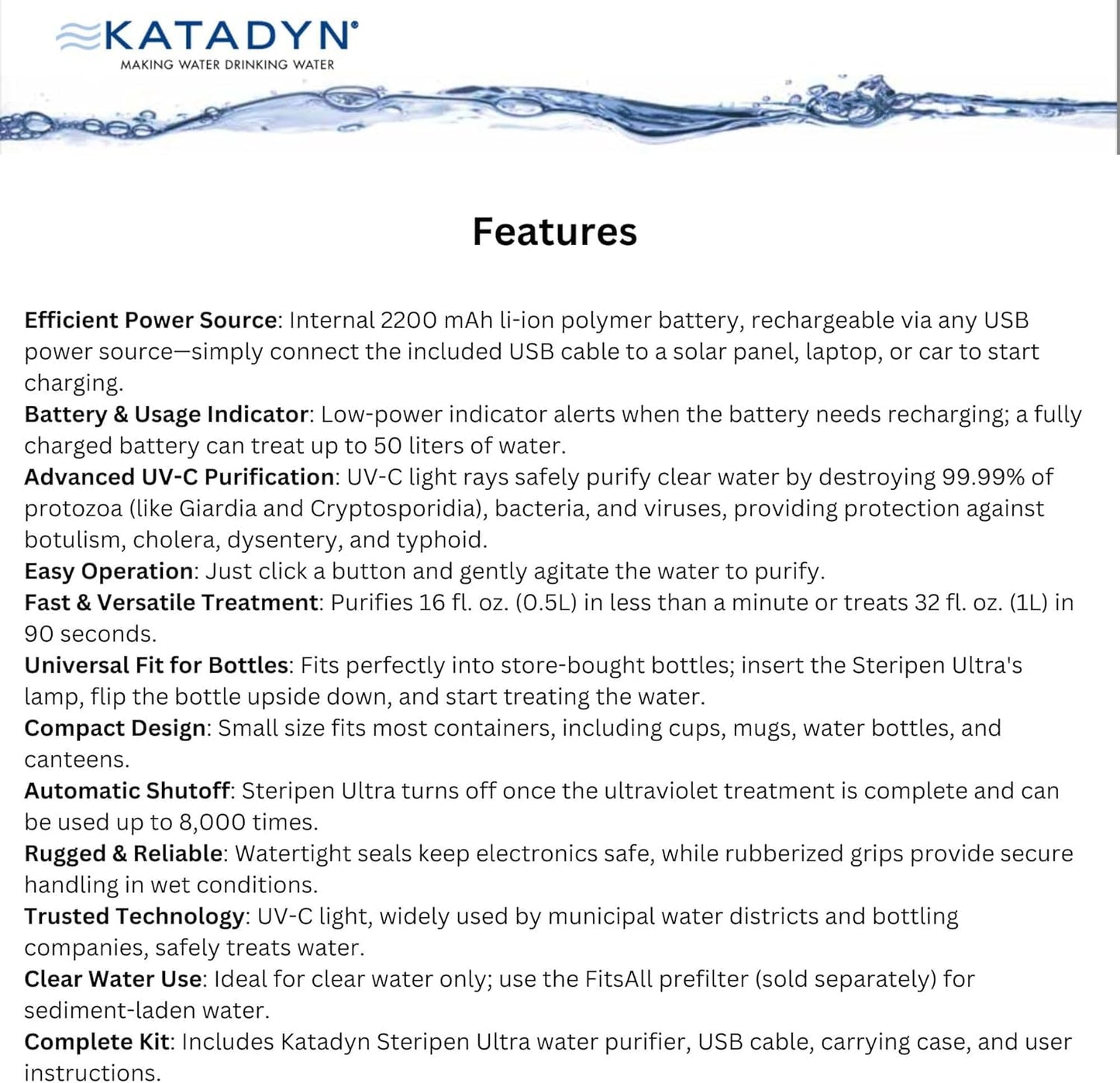 Katadyn Steripen Ultra Portable UV Water Purifier – Rechargeable 2200mAh Battery, Eliminates 99.99% Microorganisms, Fast Water Treatment for Hiking, Camping & Travel