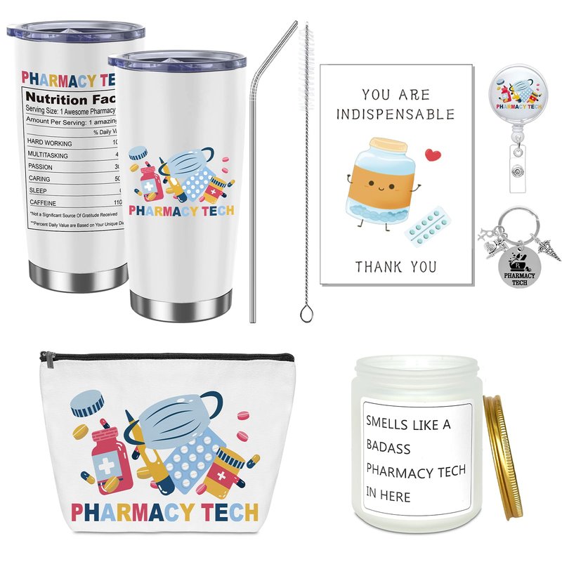 6Pcs Pharmacy Technician Appreciation Gifts Include Cup Portable Cosmetic Bag Badge Keychain Aromatherapy Thank You Card Pharmacy Technician Accessories for Doctors Nurses Week Gift Supplies