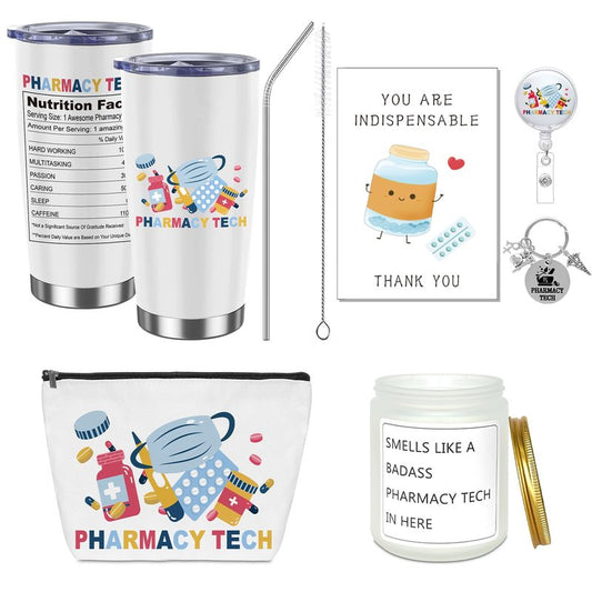 6Pcs Pharmacy Technician Appreciation Gifts Include Cup Portable Cosmetic Bag Badge Keychain Aromatherapy Thank You Card Pharmacy Technician Accessories for Doctors Nurses Week Gift Supplies