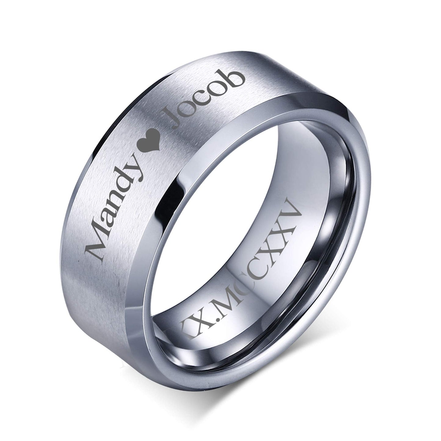 VNOX Customize Personalized Name Date LOVE 8MM Stainless Steel Simple Matte Brushed Finish Wedding Band Engagement Rings for Men Women,Size 8,Silver