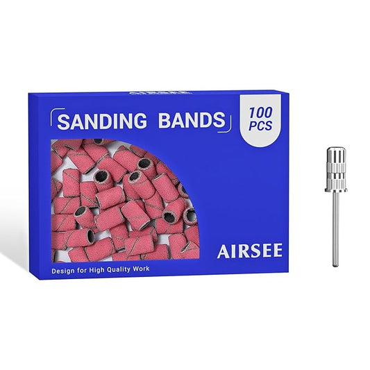AIRSEE Sanding Bands for Electric Nail Drill 100 Piece Set 120 Grit Coarse Acrylic File Attachments Professional 1 Sander Mandrel Bit Beauty Salon Accessories Manicure and Pedicure Finger Callus Pink